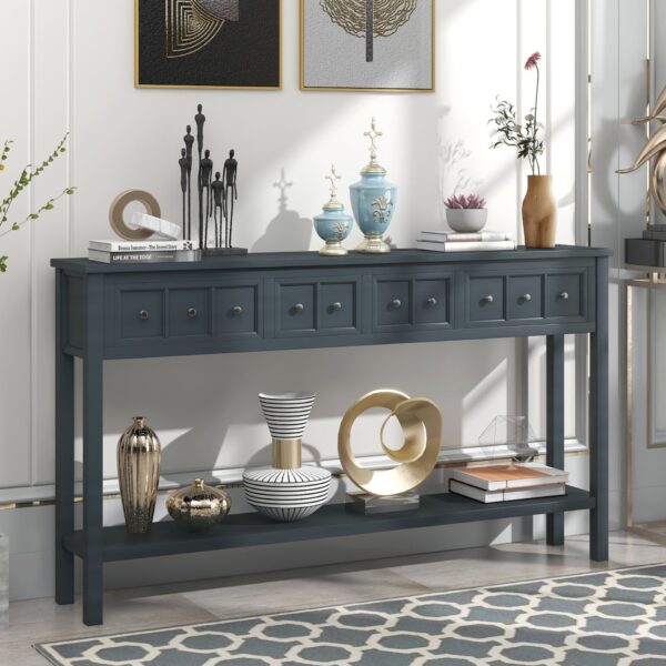 Rustic Entryway Console Table Long Sofa Table With Two Different Size Drawers And Bottom Shelf For Storage - Navy