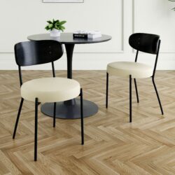 Modern Gray Simple Dining Chair Upholstered Chair Family Bedroom Stool Back Dressing, Black Round Table Set, Bentwood Covered With Ash Veneer Chair Back, Chair Metal Legs (Set of 3) - Black / Cream