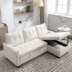 Reversible Sectional Storage Sleeper Sofa Bed, L-Shape 2 Seat Sectional Chaise With Storage, Skin-Feeling Velvet Fabric - Beige
