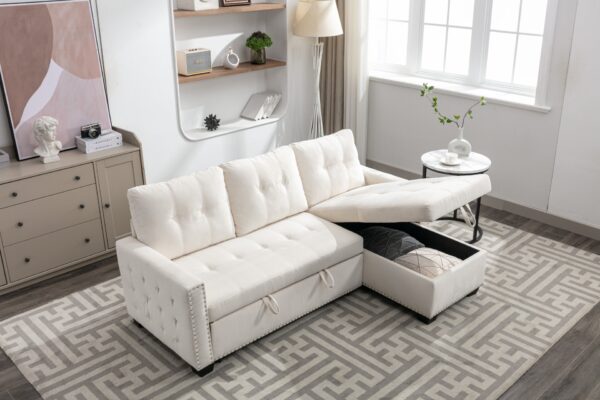 Reversible Sectional Storage Sleeper Sofa Bed, L-Shape 2 Seat Sectional Chaise With Storage, Skin-Feeling Velvet Fabric - Beige