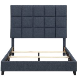 Queen Size Squares Upholstered Platform Bed - Navy Blue Denim