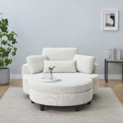 Corduroy Sofa With Two Throw Pillows And A Waist Pillow With An Extra Tray For Comfortable Seating Suitable For Small Apartment Bedroom Space - Beige