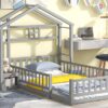 Twin Size House-Style Headboard Floor Bed With Fence Guardrails Without Cushion - Gray - Image 7