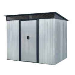 8Ft X 6Ft Outdoor Metal Storage With Lockable Sliding Doors And Transparent Plate For Garden, Lawn - White / Black