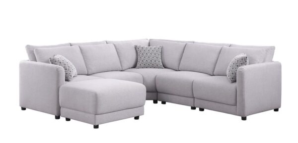 Penelope - Fabric Reversible L-Shape Sectional Sofa With Ottoman And Pillows - Light Gray