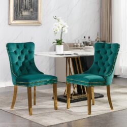 Nikki - Modern, High-End Tufted Solid Wood Contemporary Velvet Upholstered Dining Chair With Golden Stainless Steel Plating Legs, Nailhead Trim (Set of 2) - Green
