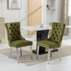 Nikki - Modern, High-End Tufted Solid Wood Contemporary Velvet Upholstered Dining Chair With Chrome Stainless Steel Plating Legs, Nailhead Trim (Set of 2) - Olive Green / Chrome