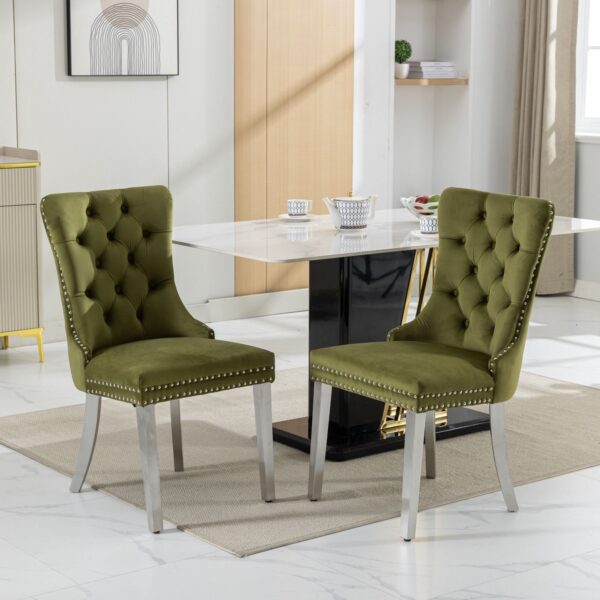 Nikki - Modern, High-End Tufted Solid Wood Contemporary Velvet Upholstered Dining Chair With Chrome Stainless Steel Plating Legs, Nailhead Trim (Set of 2) - Olive Green / Chrome
