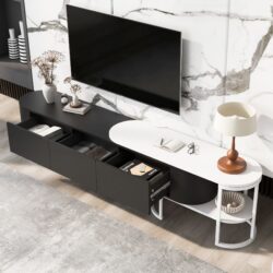 Modern Extendable TV Stand For TVs Up To 75", Entertainment Center Media Console With 3 Drawers, Metal Adjustable Legs For Living Room - Black White