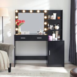 Vanity Desk With Mirror And Lights, 46.4In Dressing Table With 2 Large Drawer & Large Vertical Organizer, 3 Level Dresser & 3 Lighting Modes Adjustable Brightness, Suitable For Bedroom - Black