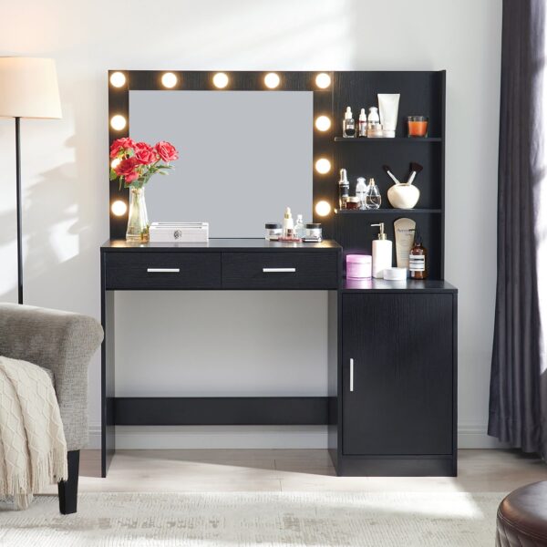 Vanity Desk With Mirror And Lights, 46.4In Dressing Table With 2 Large Drawer & Large Vertical Organizer, 3 Level Dresser & 3 Lighting Modes Adjustable Brightness, Suitable For Bedroom - Black
