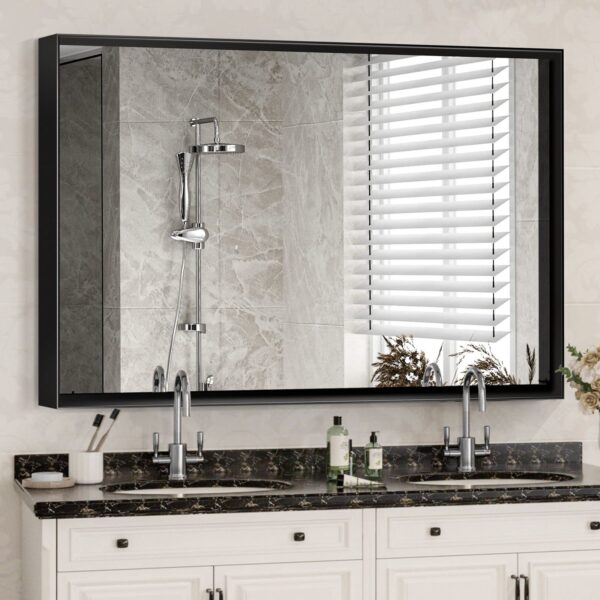 Glossy Bathroom Mirrors For Wall Rectangle Vanity Mirror Corner Hangs Farmhouse Mirror Modern Metal Framed Rectangular Mirror, Decorative Square Corner Mirror (Horizontal & Vertical) - Black