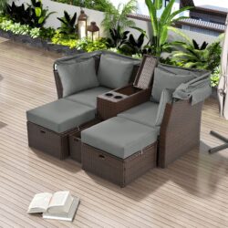 2 Seater Outdoor Patio Daybed Outdoor Double Daybed Outdoor Loveseat Sofa Set With Foldable Awning And Cushions For Garden, Balcony, Poolside - Gray