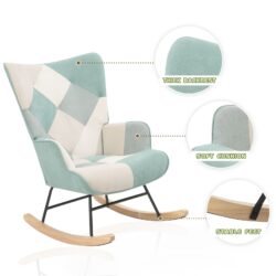 Accent Rocking Chair, Mid-Century Fabric Rocker Chair With Wood Legs And Patchwork Linen For Livingroom Bedroom - Blue