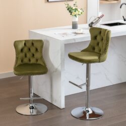 Swivel Velvet Barstools Adjusatble Seat Height From 25-33", Modern Upholstered Chrome Base Bar Stools With Backs Comfortable Tufted For Home Pub And Kitchen Island (Set of 2), 1712Ol - Olive Green
