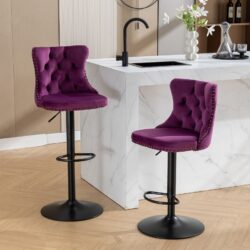Swivel Velvet Barstools Adjusatble Seat Height , Modern Upholstered Bar Stools With Backs Comfortable Tufted For Home Pub And Kitchen Island (Set of 2) - Purple