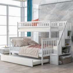 Twin Over Full Bunk Bed With Trundle And Staircase - White