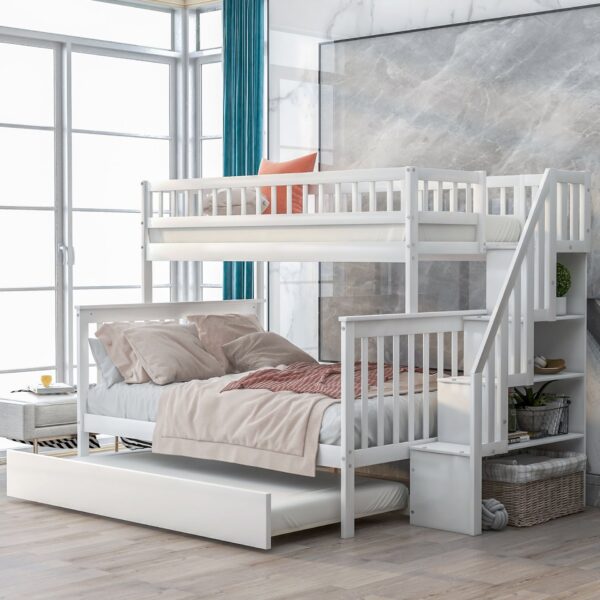 Twin Over Full Bunk Bed With Trundle And Staircase - White