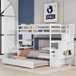 Twin Over Twin Bunk Beds With Twin Trundle And Stairway Storage Function - White