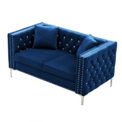 Wide Sofa With Jeweled Buttons, Square Arm, 2 Pillows - Blue