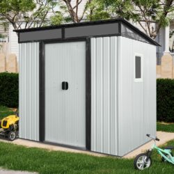 6Ft X 5Ft Outdoor Metal Storage Shed With Window And Transparent Plate For Garden, Lawn - White / Black