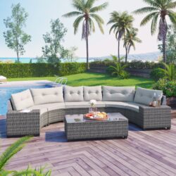 8 Pieces Outdoor Wicker Round Sofa Set, Half-Moon Sectional Sets All Weather, Curved Sofa Set With Rectangular Coffee Table, PE Rattan Water-Resistant And UV Protected, Movable Cushion - Beige