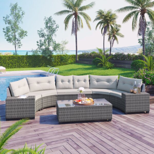 8 Pieces Outdoor Wicker Round Sofa Set, Half-Moon Sectional Sets All Weather, Curved Sofa Set With Rectangular Coffee Table, PE Rattan Water-Resistant And UV Protected, Movable Cushion - Beige