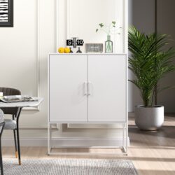 Heavy Duty Metal Buffet Sideboard Modern Steel Storage Cabinet With 2 Shelves, Free Standing Accent Cabinet With Magnetic Doors For Bedroom, Kitchen, And Home Office, Anti-Tip Design - White