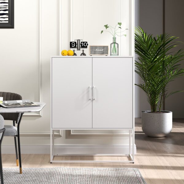 Heavy Duty Metal Buffet Sideboard Modern Steel Storage Cabinet With 2 Shelves, Free Standing Accent Cabinet With Magnetic Doors For Bedroom, Kitchen, And Home Office, Anti-Tip Design - White
