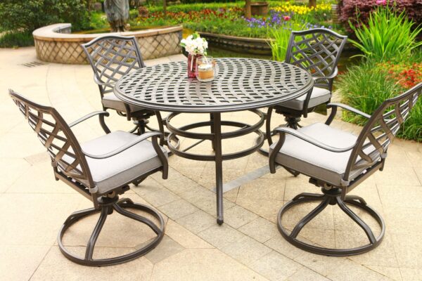 Round 4 Person 49" Long Aluminum Dining Set With Sunbrella Cushions With Swivel Chairs - Brown Gray