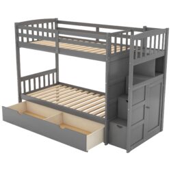 Twin Over Full / Twin Bunk Bed, Convertible Bottom Bed, Storage Shelves And Drawers - Gray