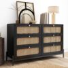 Modern Cannage Rattan Wood Closet 6 Drawer Dresser Wood Storage Cabinet Sideboard For Bedroom, Living Room, Entryway, Hallway - Black - Image 2