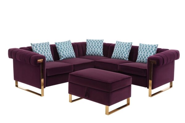 Maddie - Velvet 5 Seater Sectional Sofa With Storage Ottoman - Purple