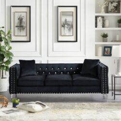 Modern Sofa Jeweled Buttons Tufted Square Arm Couch, 2 Pillows Included - Black