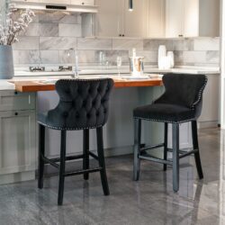 Contemporary Velvet Upholstered Wing-Back Barstools With Button Tufted Decoration And Wooden Legs, And Chrome Nailhead Trim, Leisure Style Bar Chairs, Bar Stools (Set of 2) - Black