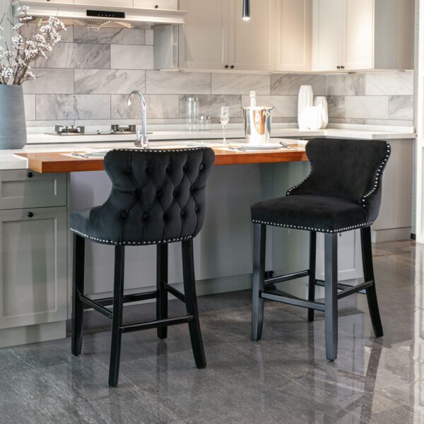Contemporary Velvet Upholstered Wing-Back Barstools With Button Tufted Decoration And Wooden Legs, And Chrome Nailhead Trim, Leisure Style Bar Chairs, Bar Stools (Set of 2) - Black