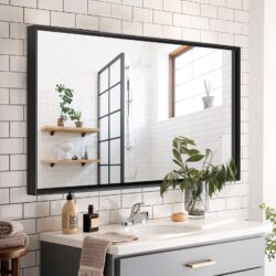48X30" Bathroom Mirrors For Wall Wall Mounted Hanging Plates Mirror Farmhouse Mirror Modern Metal Framed Rectangular Mirror, Decorative Square Corner Mirror (Horizontal & Vertical) - Glossy Black
