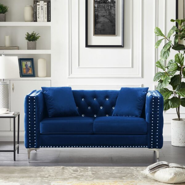Wide Sofa With Jeweled Buttons, Square Arm, 2 Pillows - Blue