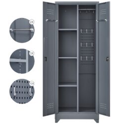 Metal Storage Cabinets, Cleaning Tool Cabinet With Locking Door, Tall Broom Tool Organizer And Storage, Large Storage Cabinet For Kitchen - Gray
