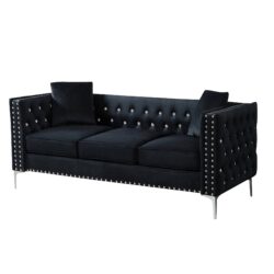 Modern Sofa Jeweled Buttons Tufted Square Arm Couch, 2 Pillows Included - Black