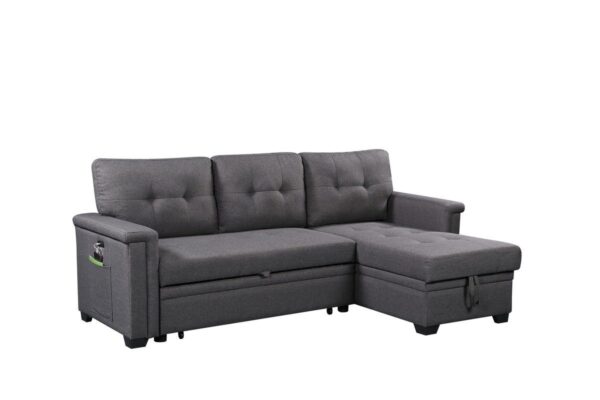 Ashlyn - Reversible Sleeper Sectional Sofa With Storage Chaise, USB Charging Ports nd Pocket - Dark Gray