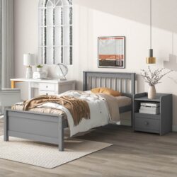 Twin Bed With Headboard And Footboard For Kids, Teens, Adults, With A Nightstand - Gray
