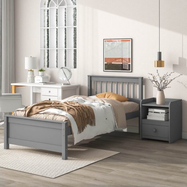 Twin Bed With Headboard And Footboard For Kids, Teens, Adults, With A Nightstand - Gray