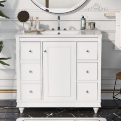 Contemporary Bathroom Vanity Cabinet, 4 Drawers & 1 Cabinet Door, Multipurpose Storage, Resin Integrated Sink, Adjustable Shelves, Solid Wood Frame With MDF - White