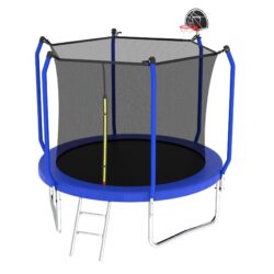 10' Trampoline With Basketball Hoop, Astm Approved Reinforced Type Outdoor Trampoline With Enclosure Net - Blue