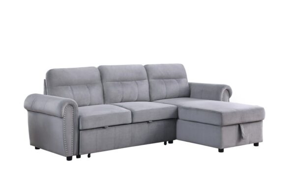 Ashton - Velvet Fabric Reversible Sleeper Sectional Sofa Chaise - Gray