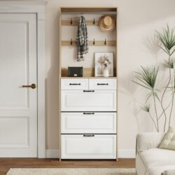 Shoe Cabinet With 3 Doors 2 Drawers With Hanger, Door With Shape, Large Space For Storage - White