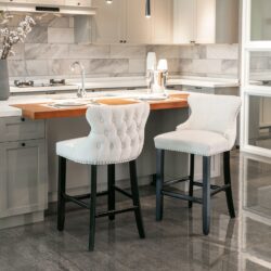 Contemporary Velvet Upholstered Wing-Back Barstools With Button Tufted Decoration And Wooden Legs, And Chrome Nailhead Trim, Leisure Style Bar Chairs, Bar Stools (Set of 2) - Beige