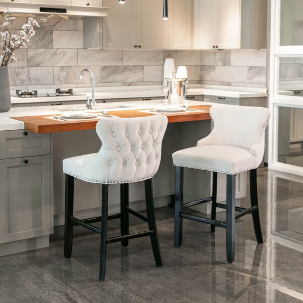 Contemporary Velvet Upholstered Wing-Back Barstools With Button Tufted Decoration And Wooden Legs, And Chrome Nailhead Trim, Leisure Style Bar Chairs, Bar Stools (Set of 2) - Beige