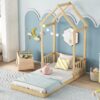 Twin House-Shaped Roof Headboard Floor Bed, (Without Slats) - Natural - Image 2